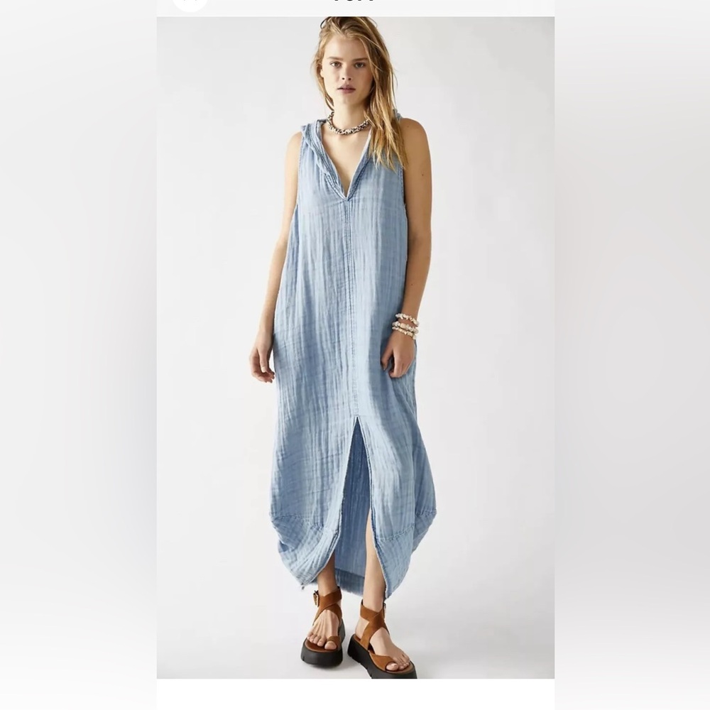 Free People Calm Before The Storm Maxi Dress Hooded Slouchy Textured Blue